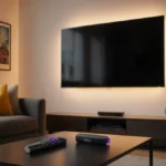 Living room TV displays streaming content with warm glow from behind and Roku device on coffee table