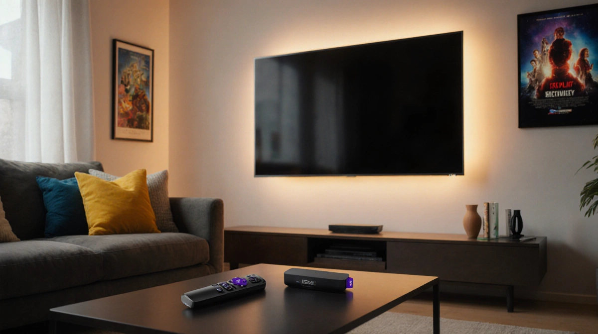 Living room TV displays streaming content with warm glow from behind and Roku device on coffee table