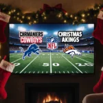 TV screen shows football games with NFL Christmas Day logo and holiday garlands and warm lighting.