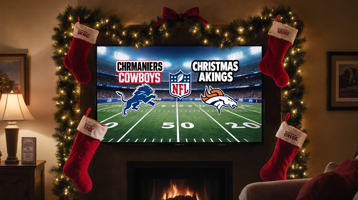 TV screen shows football games with NFL Christmas Day logo and holiday garlands and warm lighting.