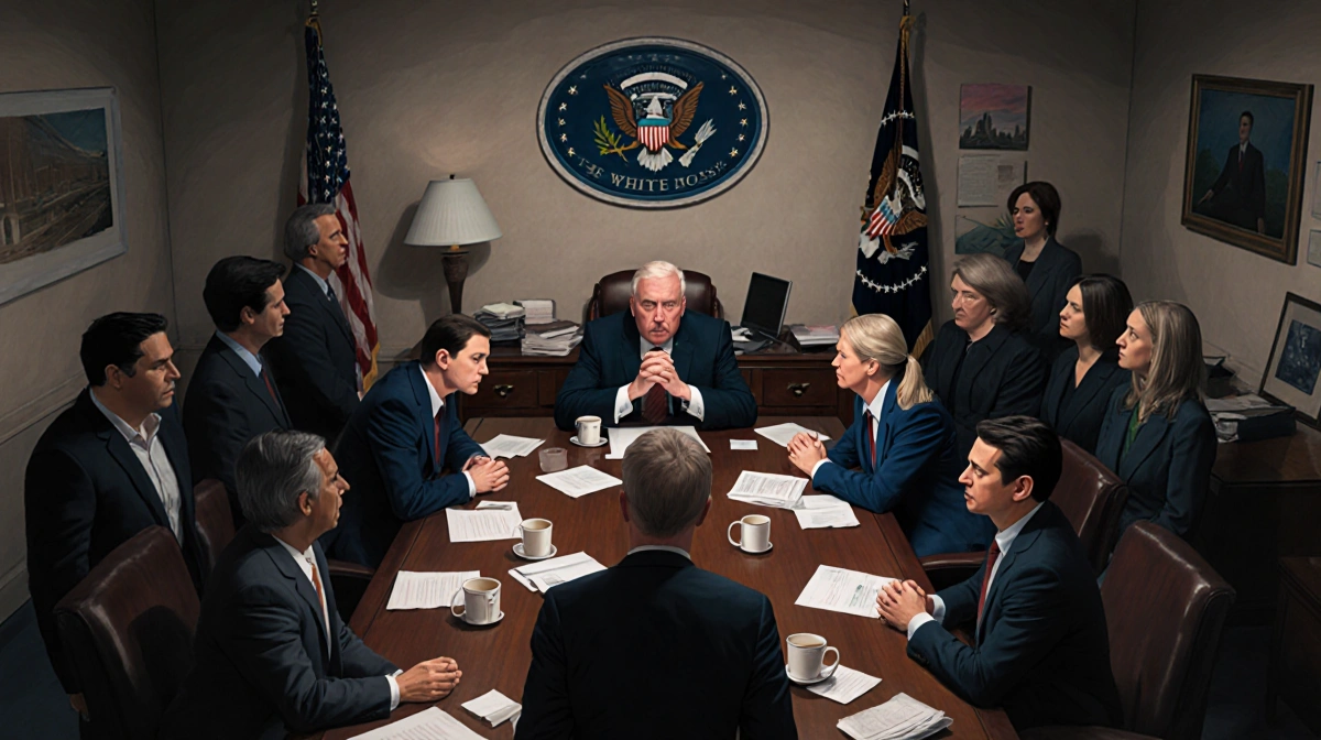Lobbyists stand with clasped hands before officials at cluttered table with coffee cups and papers showing tension