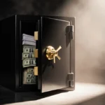 Half-open safe reveals cash and documents with golden clasp and warm light casting shadows.