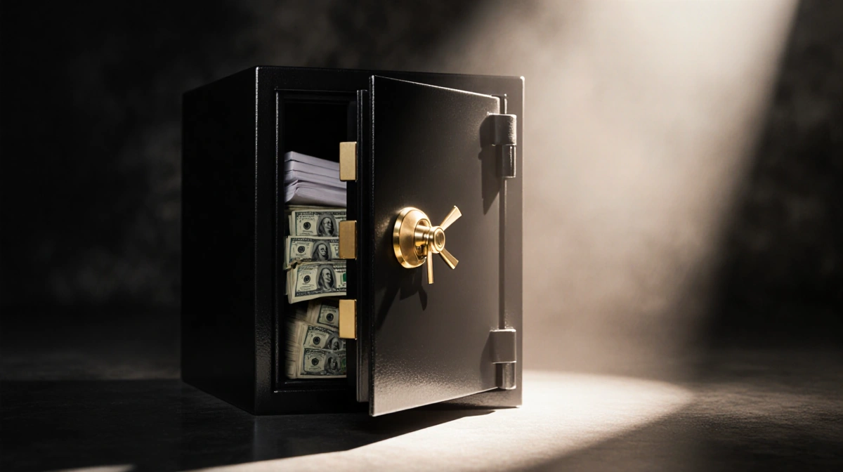 Half-open safe reveals cash and documents with golden clasp and warm light casting shadows.
