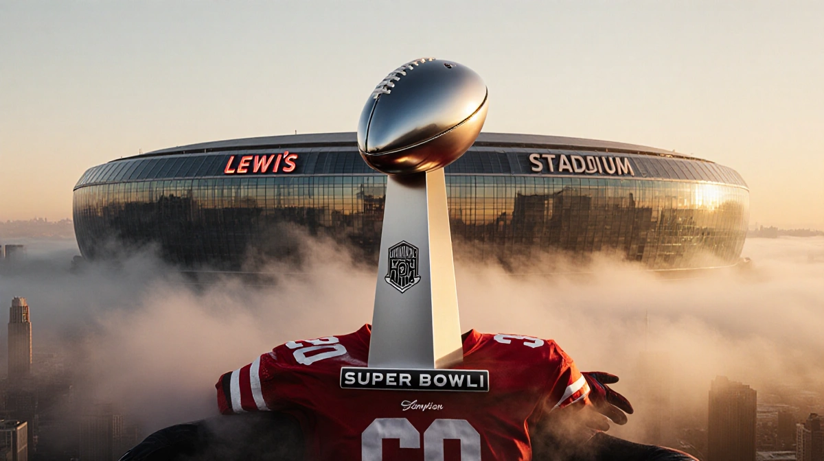 Lombardi Trophy stands above San Francisco skyline with Levi