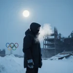 Lone worker stands at snowy construction site with Olympic ruins looming in moonlight