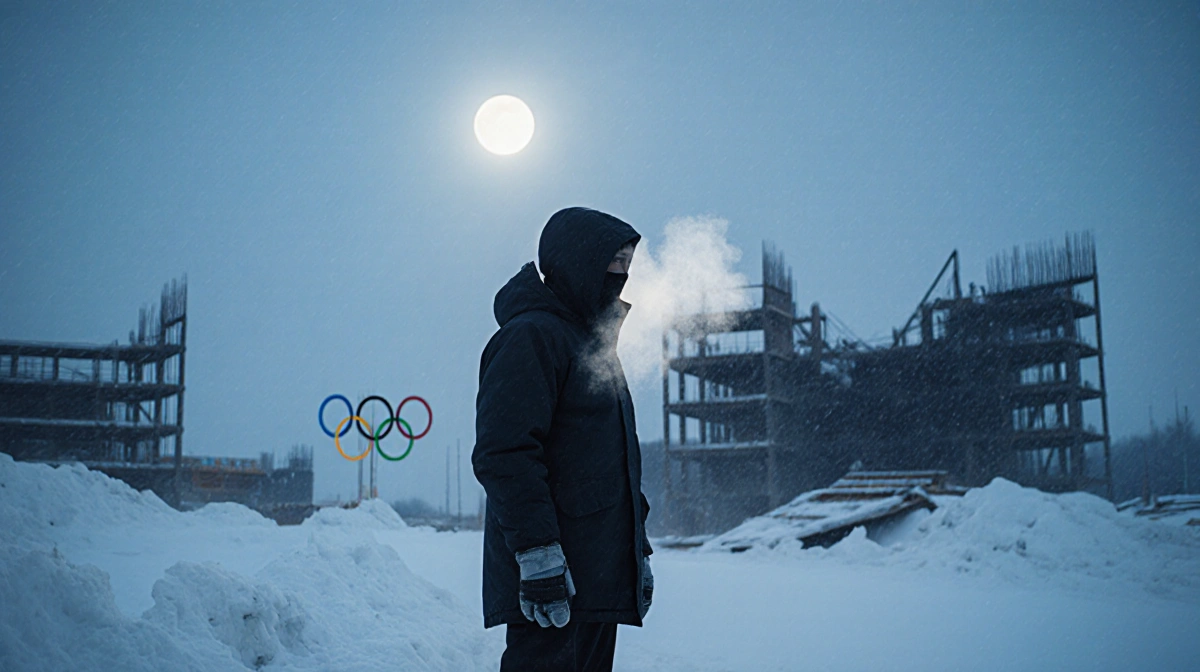Lone worker stands at snowy construction site with Olympic ruins looming in moonlight