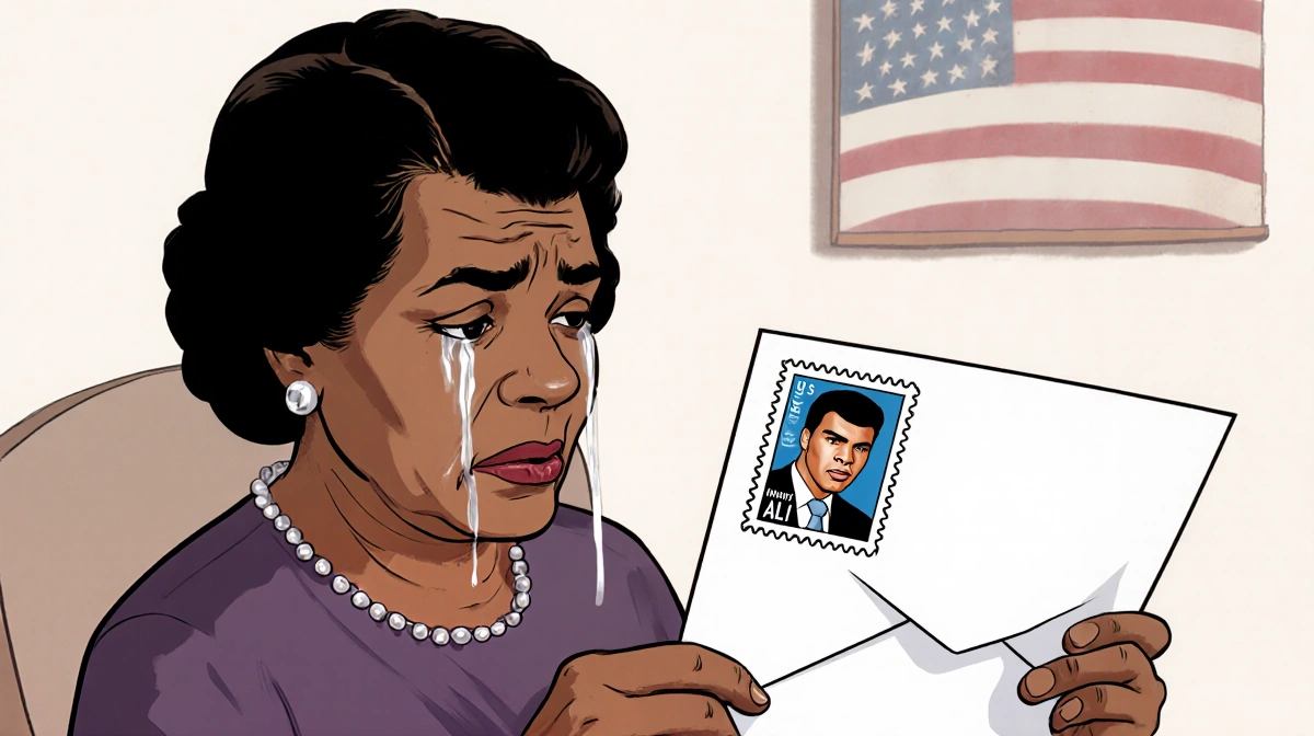 Lonnie Ali gazing tearfully at Muhammad Ali stamp on envelope with American flag and photo behind