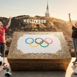 Olympic ticket box sits in downtown Los Angeles with Hollywood sign in background and sports fans celebrating