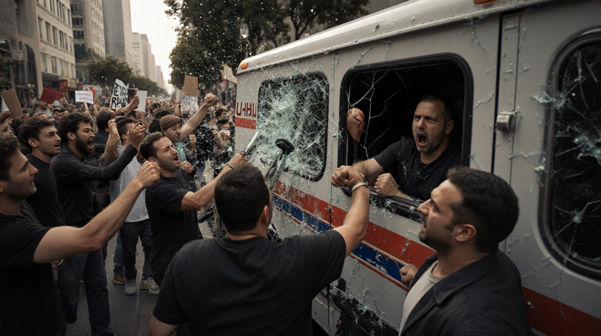 Angry protesters smashing U-Haul truck windows with objects while distressed driver sits inside during Los Angeles demonstrat