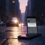 Lost iPhone lies on dark street with faint glow and blurred screen showing Located message and reflections of Apple devices