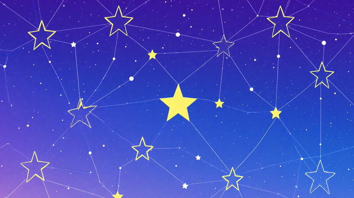 Constellation of stars includes a slightly dimmed off-center star with evenly spaced pattern in soothing blue purple sky
