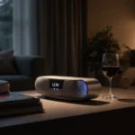 LS70H speaker illuminates with glow and LED lights a glass of wine sits beside records on a table.