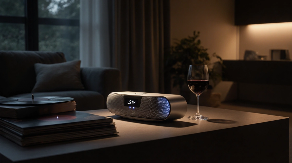 LS70H speaker illuminates with glow and LED lights a glass of wine sits beside records on a table.