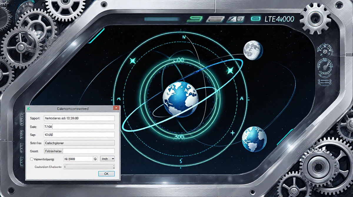 Futuristic computer screen shows orbital chart with Earth and Moon paths intersecting and clockwork gears with date input fie