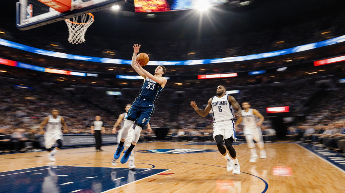 Luka Doncic sinking three-pointer over defender with neon city lights reflecting on court