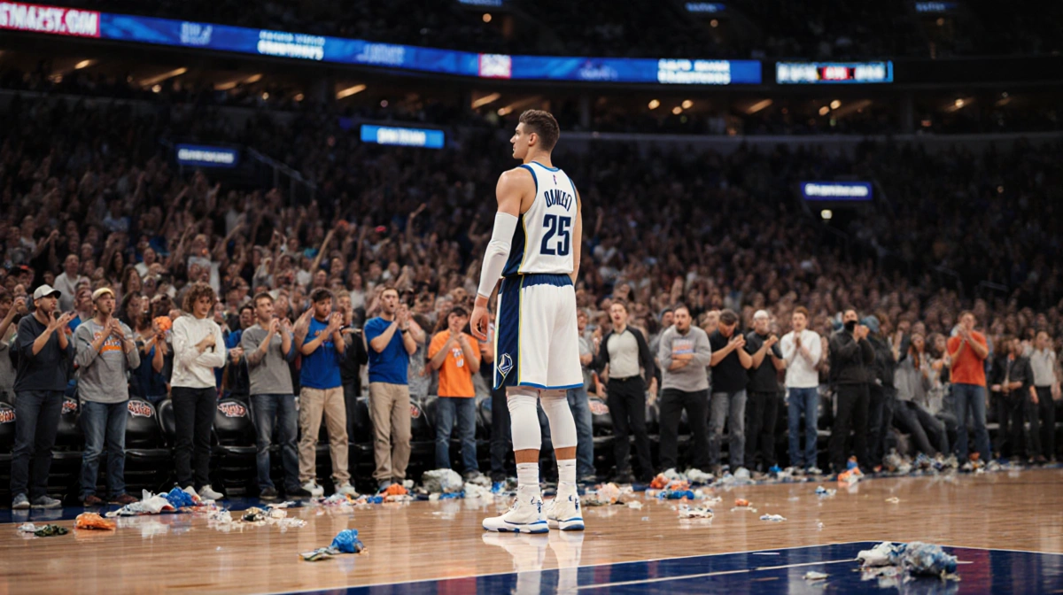 Luka Doncic stands at center court with disappointed Knicks fans booing around him and Madison Square Garden lights glowing b