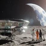 Young travelers in spacesuits gather at a lunar resort terminal with a silver spaceship landing on the moon