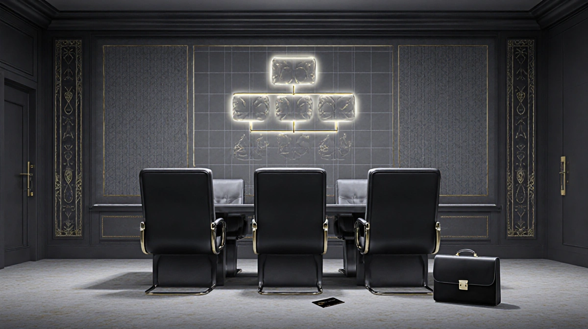 Empty luxury boardroom chairs with corporate hierarchy grid on wall and briefcase on floor