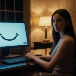 Woman sits skeptically across from chatbot with eerie smile and $299 price tag glowing on wall behind