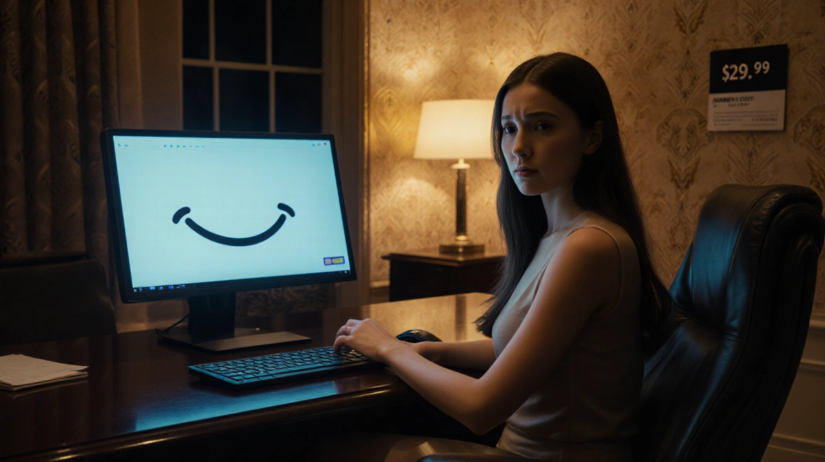 Woman sits skeptically across from chatbot with eerie smile and $299 price tag glowing on wall behind