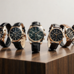 Luxury watches arranged with forward lean on a modern wooden table and golden glow for Watches and Wonders 2024