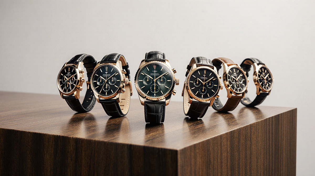 Luxury watches arranged with forward lean on a modern wooden table and golden glow for Watches and Wonders 2024