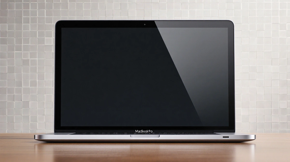 MacBook Pro sits on wooden desk with metallic edges and screen reflecting soft natural light