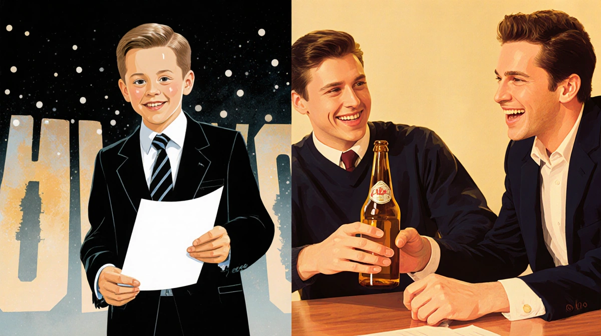 Child Macaulay Culkin holds a script with a Hollywood backdrop and adult Macaulay sits in a high school classroom on the spli