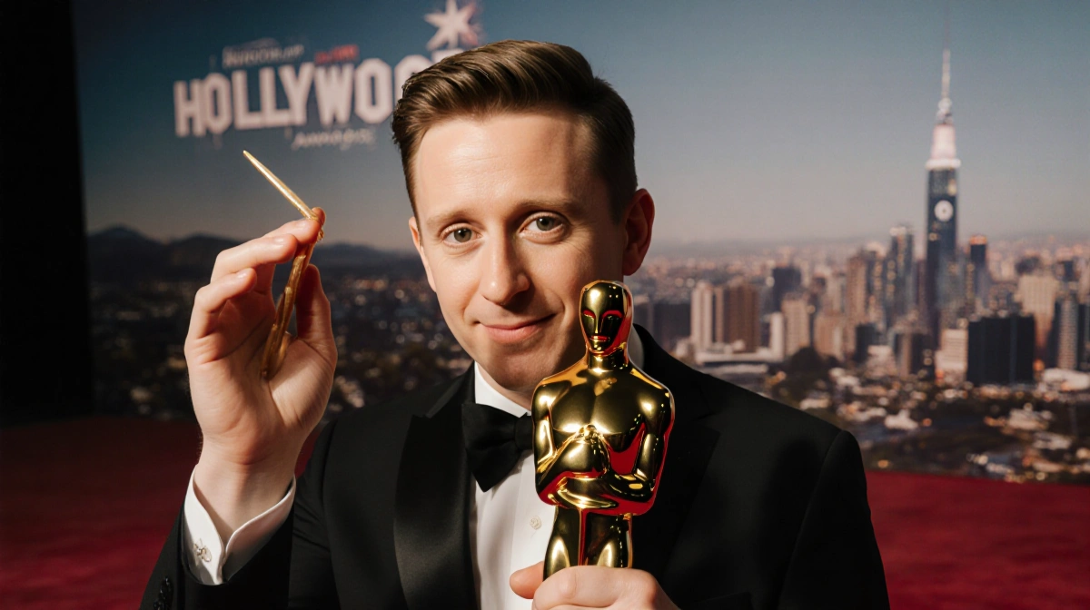 Macaulay Culkin holding golden statuette award with spotlight shining and Hollywood backdrop behind