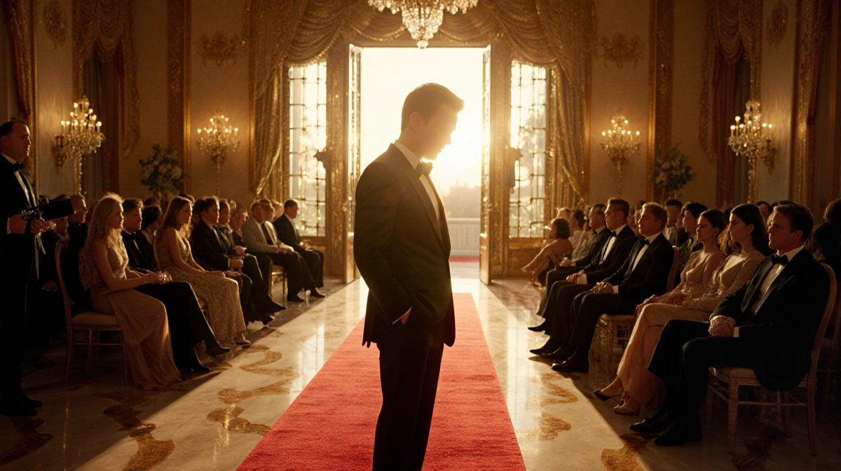 Macaulay Culkin walking into Golden Globes ballroom with golden sunset light and spotlight on him