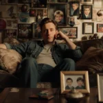 Macaulay Culkin sitting on worn couch with nostalgic film memorabilia and framed family photos