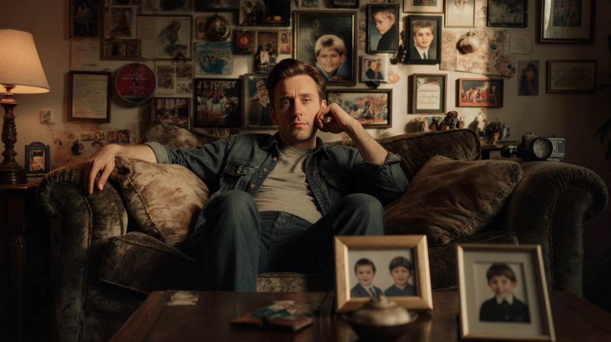 Macaulay Culkin sitting on worn couch with nostalgic film memorabilia and framed family photos