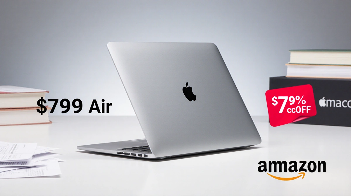 MacBook Air angled on minimalist desk with Amazon logo and $799 price tag and red discount sticker near blurred books