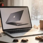 Open‑boxed MacBook Pro 14‑inch glows with holiday ribbons and treats on a winter‑colored desk.