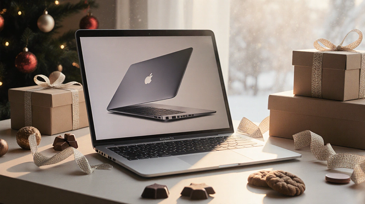 Open‑boxed MacBook Pro 14‑inch glows with holiday ribbons and treats on a winter‑colored desk.
