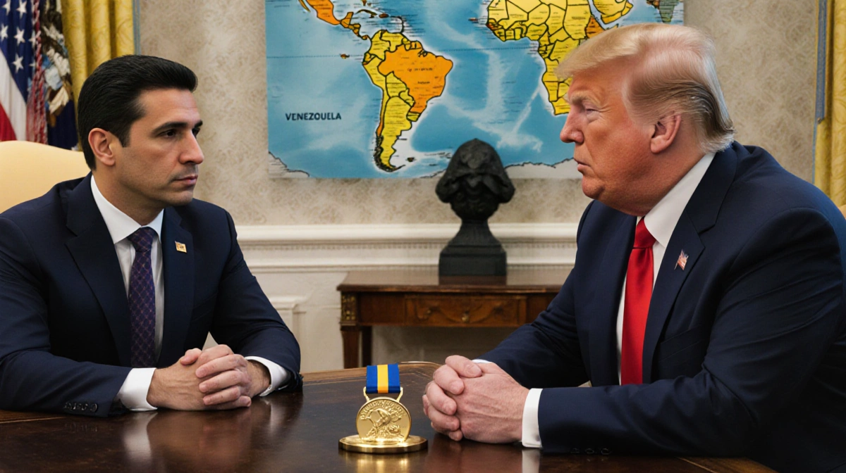 Venezuelan opposition leader María Corina Machado meets with President Trump in the White House with Nobel Peace Prize medal 