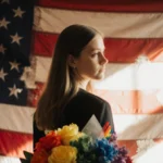 MacKenzie Scott stands with back turned before worn American flag with rainbow bouquet at her feet