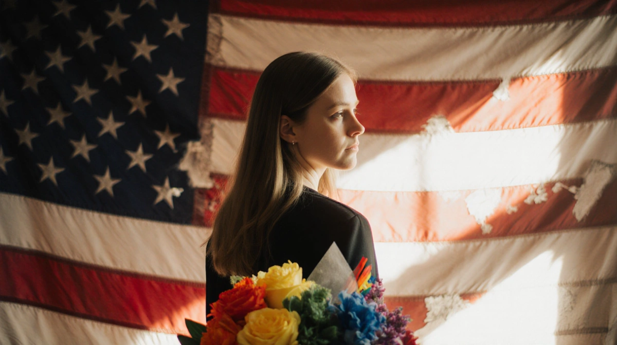 MacKenzie Scott stands with back turned before worn American flag with rainbow bouquet at her feet