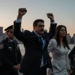 Marshals apprehending Venezuelan officials Maduro and wife with hands raised and American flag over NYC skyline at sunset.