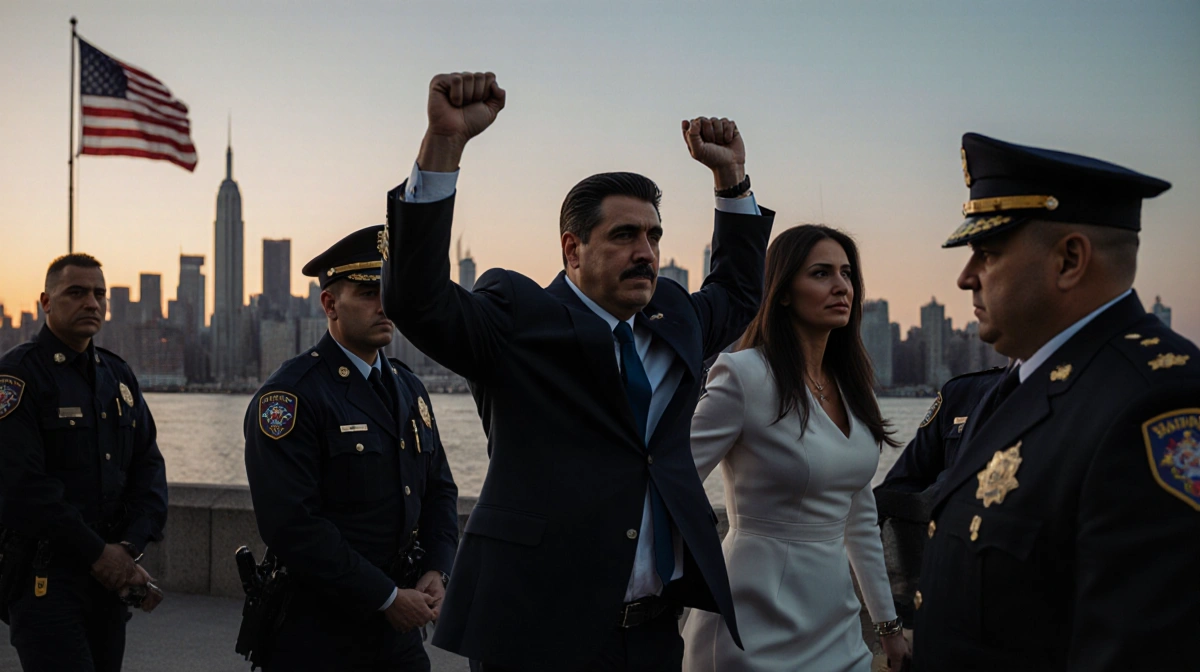 Marshals apprehending Venezuelan officials Maduro and wife with hands raised and American flag over NYC skyline at sunset.