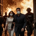 Maduro and Flores walking away from the explosion with masked U.S. investigators in tactical gear surrounding them