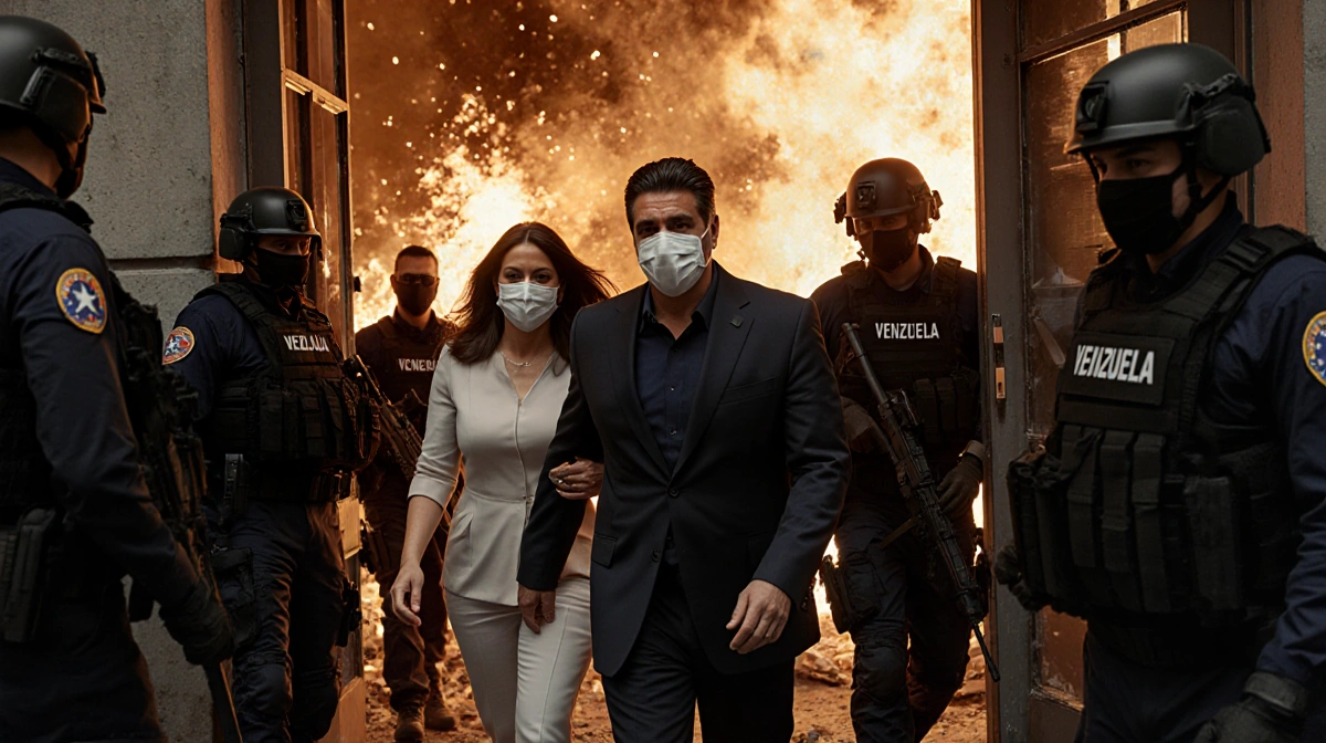 Maduro and Flores walking away from the explosion with masked U.S. investigators in tactical gear surrounding them