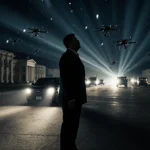 Maduro silhouette looking up with flashing lights and a convoy of US military vehicles in background