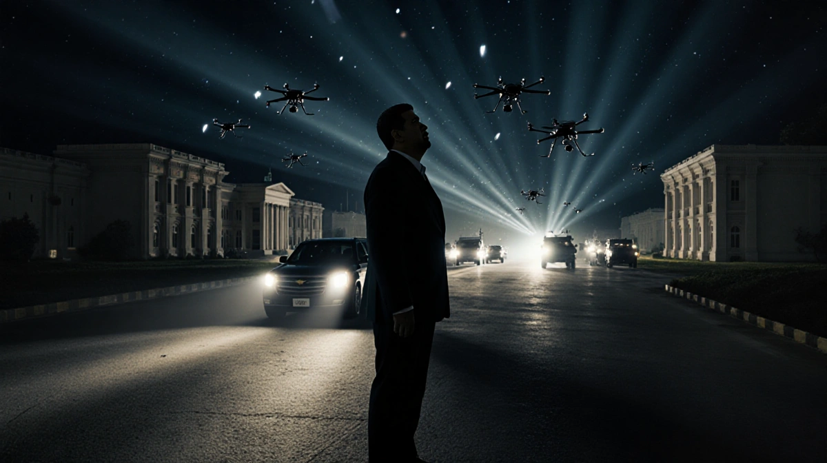 Maduro silhouette looking up with flashing lights and a convoy of US military vehicles in background