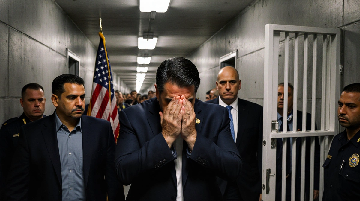 Venezuelan President Maduro walking through a Brooklyn detention center hallway with hands covering face and a U.S. flag behi