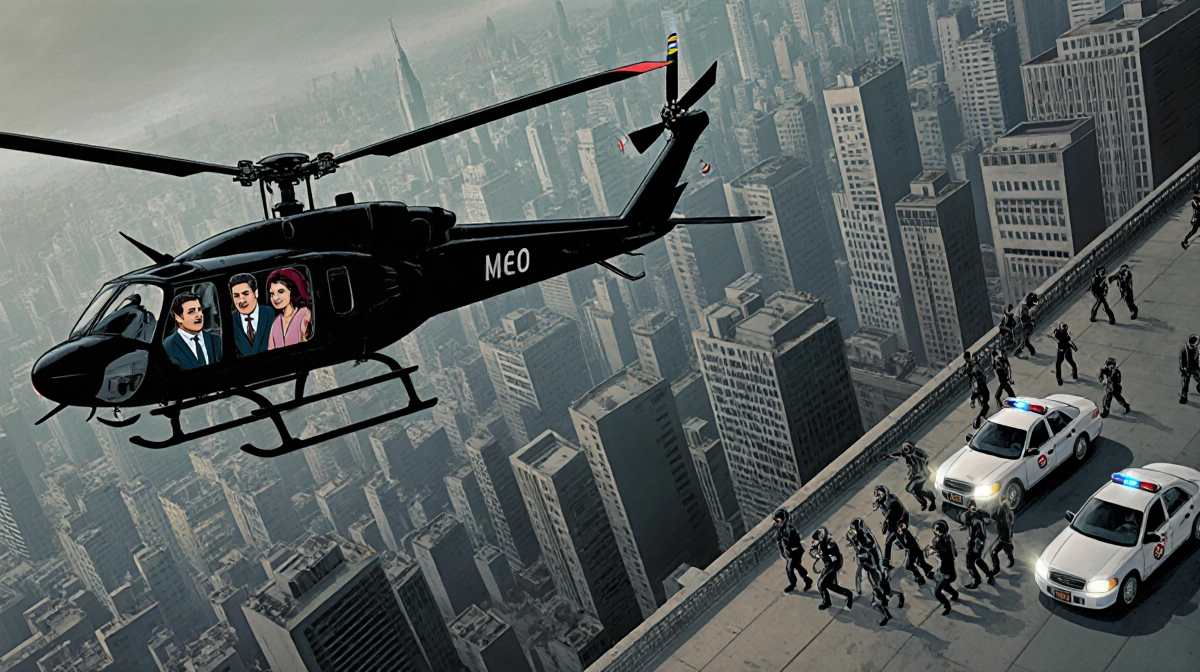 Maduro and Flores being airlifted in a helicopter with Caracas skyline and Manhattan helipad convoy waiting.