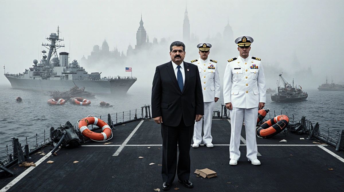Maduro standing on a U.S. warship deck with naval officers and a dense fog bank showing overturned lifeboats and debris.