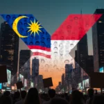 Malaysia and Indonesia digital flags merge into bold X over futuristic city with protesters below