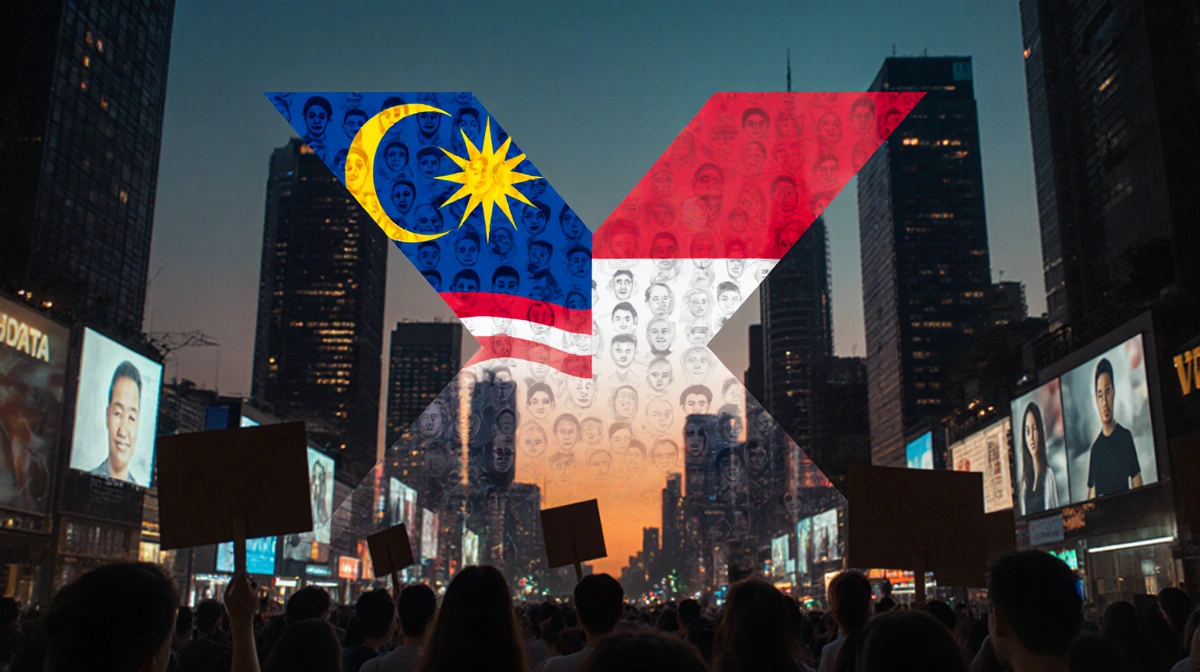 Malaysia and Indonesia digital flags merge into bold X over futuristic city with protesters below
