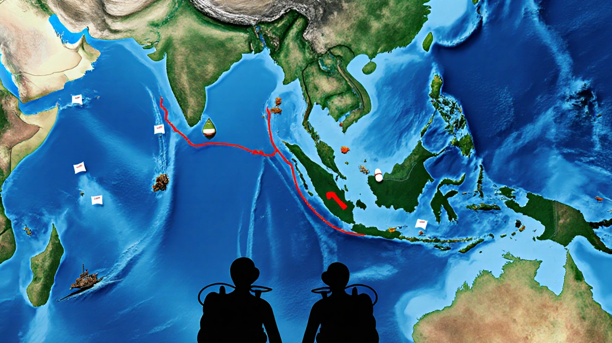 Indian Ocean map shows red line of Malaysia Flight 370 route with Andaman Sea image and diver silhouettes near coral reefs
